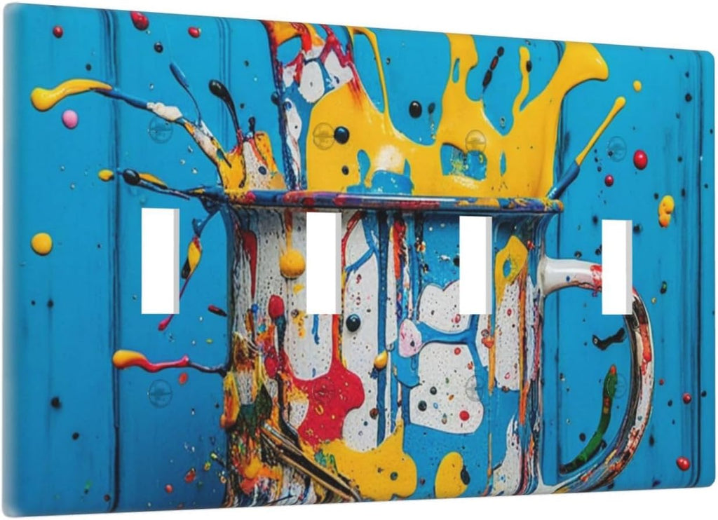 Decorative Light Switch Cover Plate Colorful Paint Splatters Blue Wood Plank 4 Gang Wall Plate Oversized Quad Toggle Switch Cover Plate Jumbo Faceplate for Home Decor