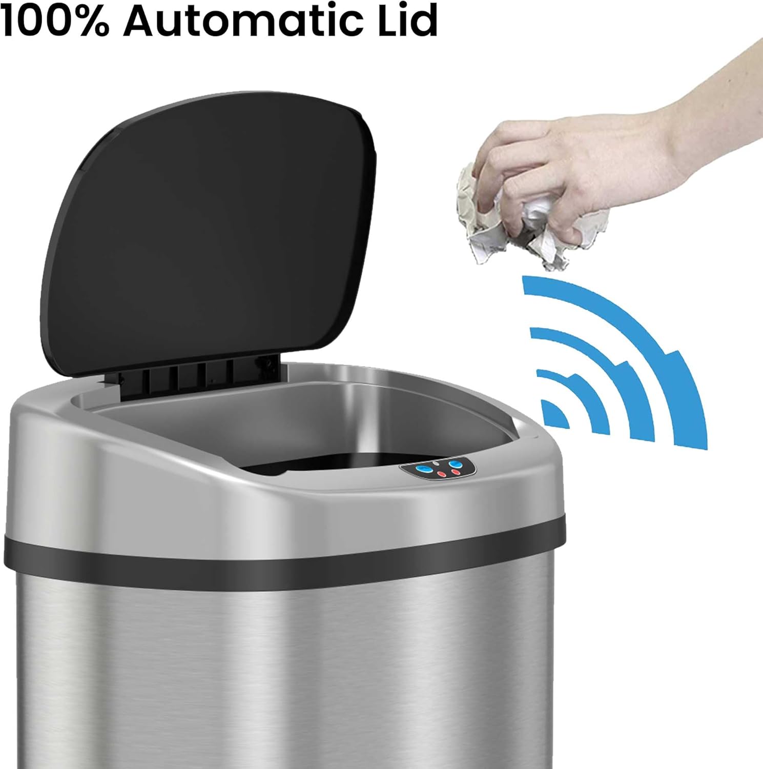 SensorCan 50 Liter / 13 Gallon Kitchen Trash Can with AC Adapter & Odor Filter Kit – Motion Sensor Stainless Steel Garbage Bin for Home, Office, Garage – Slim Oval Shape, Large Capacity Design