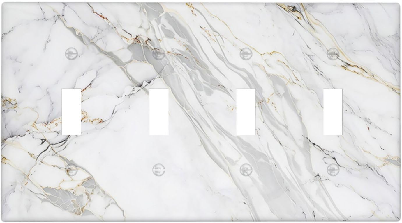 Light Switch Cover Plate Gray Gold Marble Abstract Modern Luxury 4 Gang Quad Toggle Wall Plate Electrical Outlet Cover Decorative Switch Plate Covers for Bedroom Home Decor