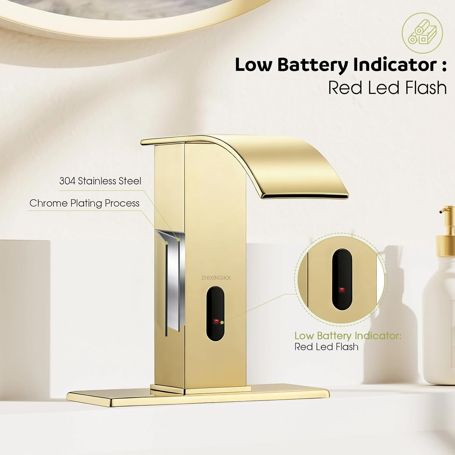 Touchless Bathroom Faucet with Waterfall Spout,Motion Automatic Sensor Bathroom Sink Faucet with Hole Cover Plate, Stainless Steel Hands Free Vanity Faucet(Regular, Gold)