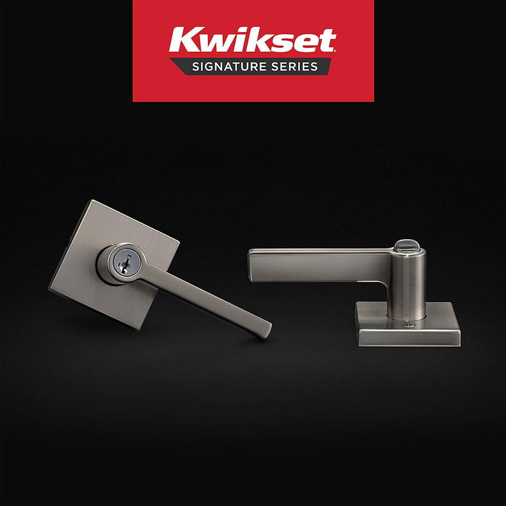 Kwikset Halifax Entry Door Handle with Lock and Key, Secure Keyed Reversible Lever Exterior, For Front Entrance and Bedrooms, Satin Nickel, Pick Resistant Smartkey Rekey Security and Microban