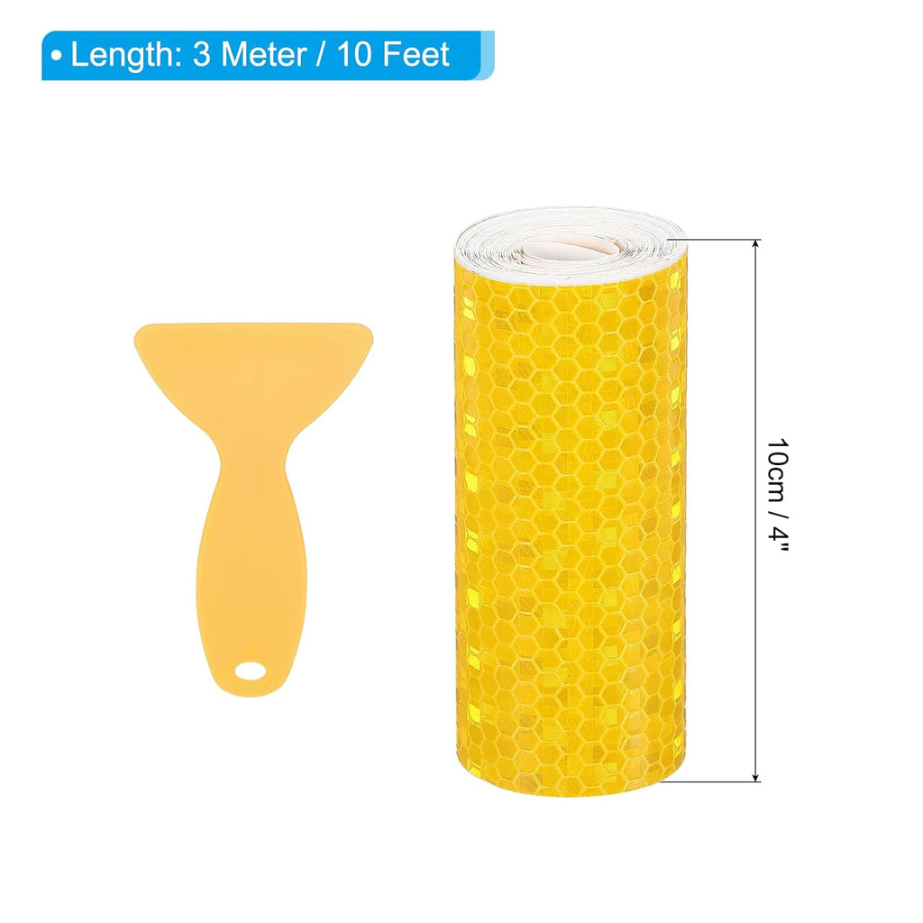PATIKIL 4 Inch x 10 ft Reflective Tape, 1 Roll Waterproof Self Adhesive High Visibility Caution Warning Safety Tape Reflector with Scraper for Trucks Trailers Cars, Yellow