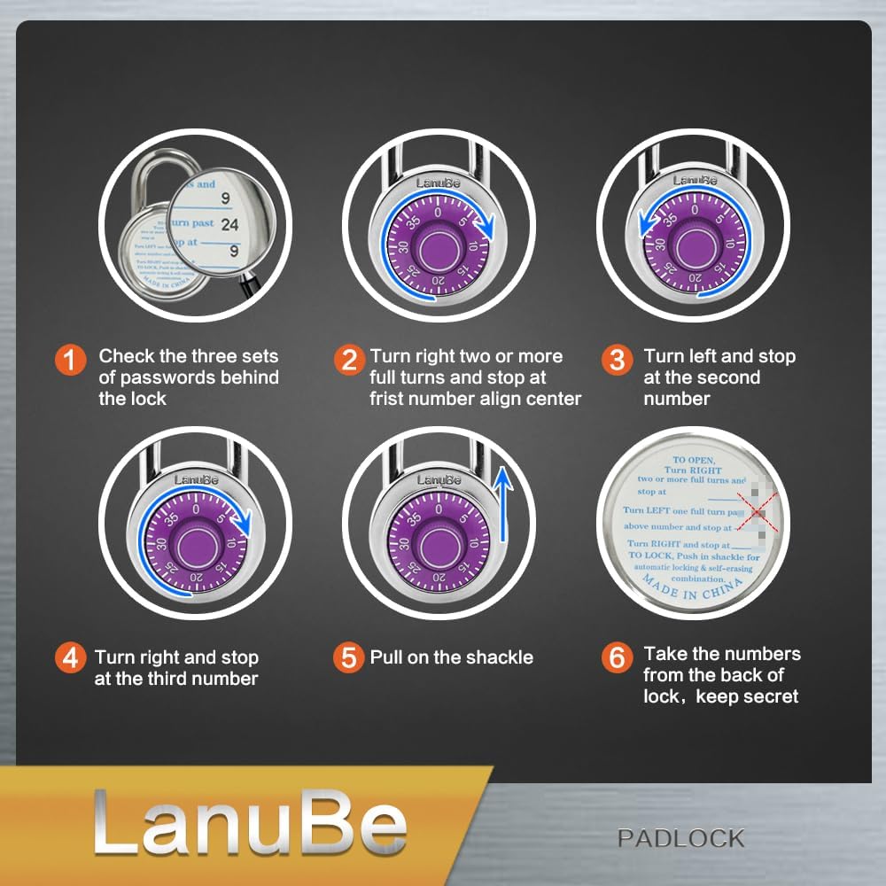 LanuBe Standard Dial Combination Lock, 2 inches. Wide, with Different Combinations, Purple Turnplate, Pack of 24; Lock for School, Employee, Gym Sports Locker, Case, Toolbox