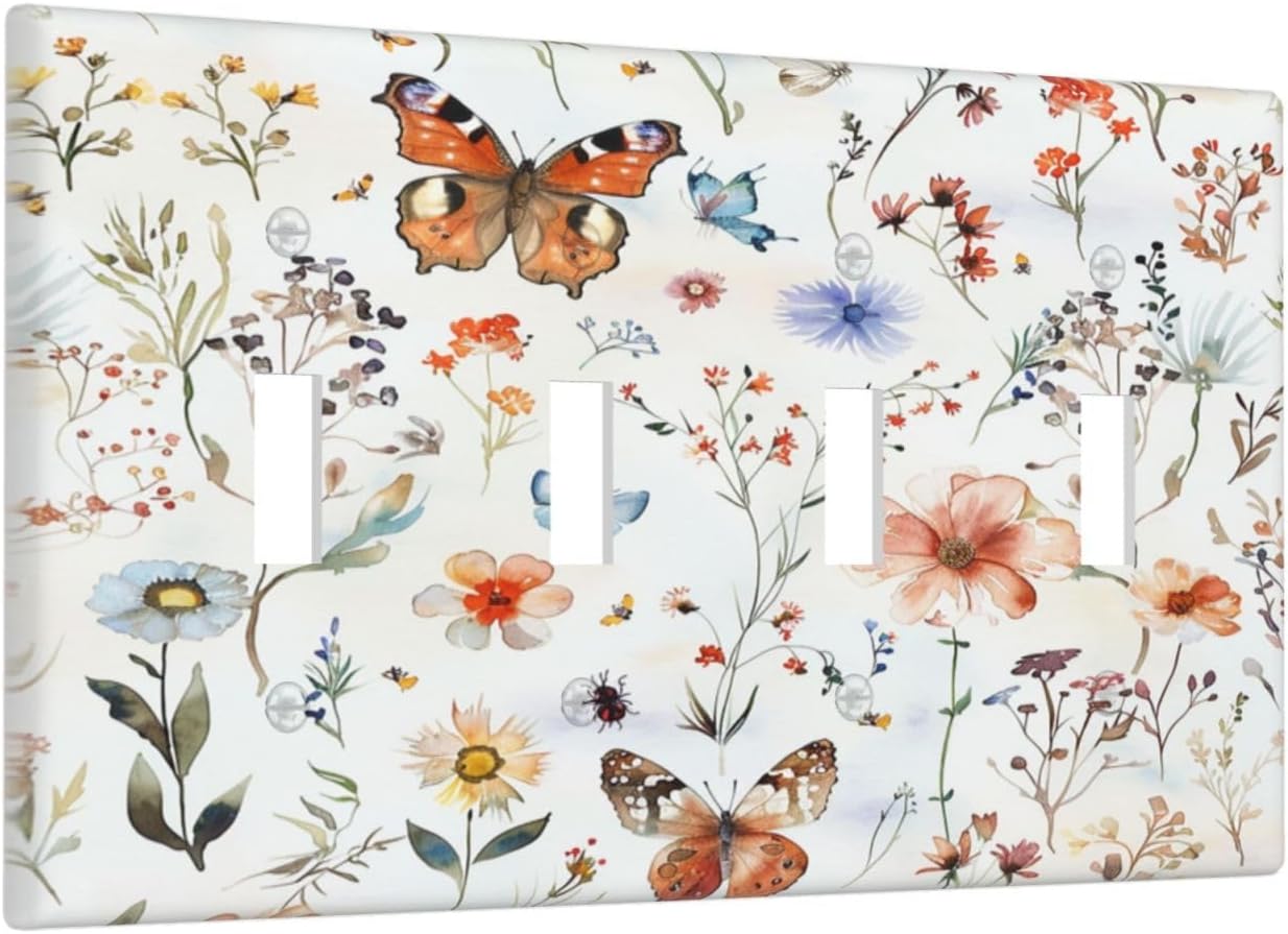 Light Switch Covers Butterfly Floral Boho Multicolor Flower Leave Quad Toggle Electrical Faceplate 4 Gang Wall Plate Decorative Switch Plates for Bed Room living Room Decor