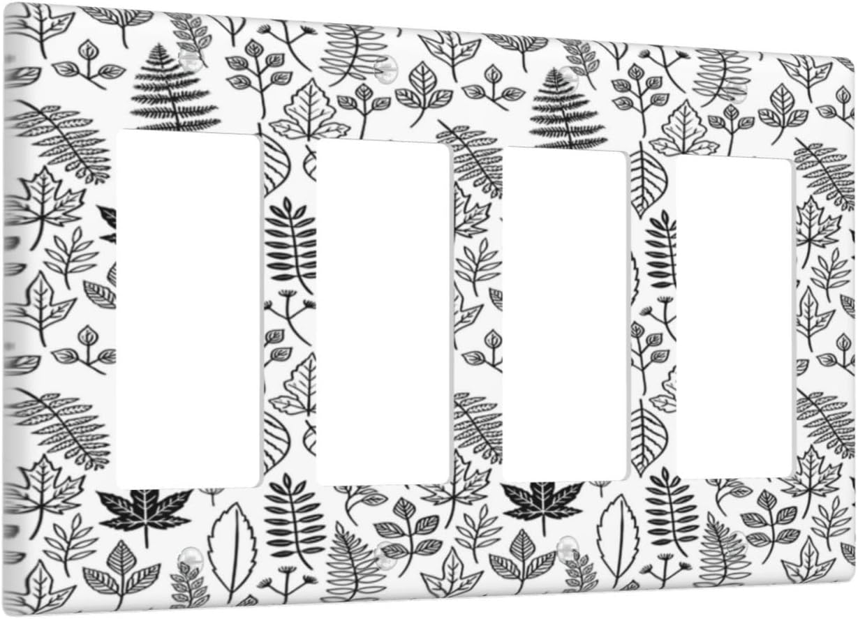 Black White Leaf Wheat Maple Leaf Plant Wallplates 4 Gang Quad Rocker Decorative Light Switch Covers Electrical GFCI Faceplate Switch Plate for Bedroom Bathroom Decor