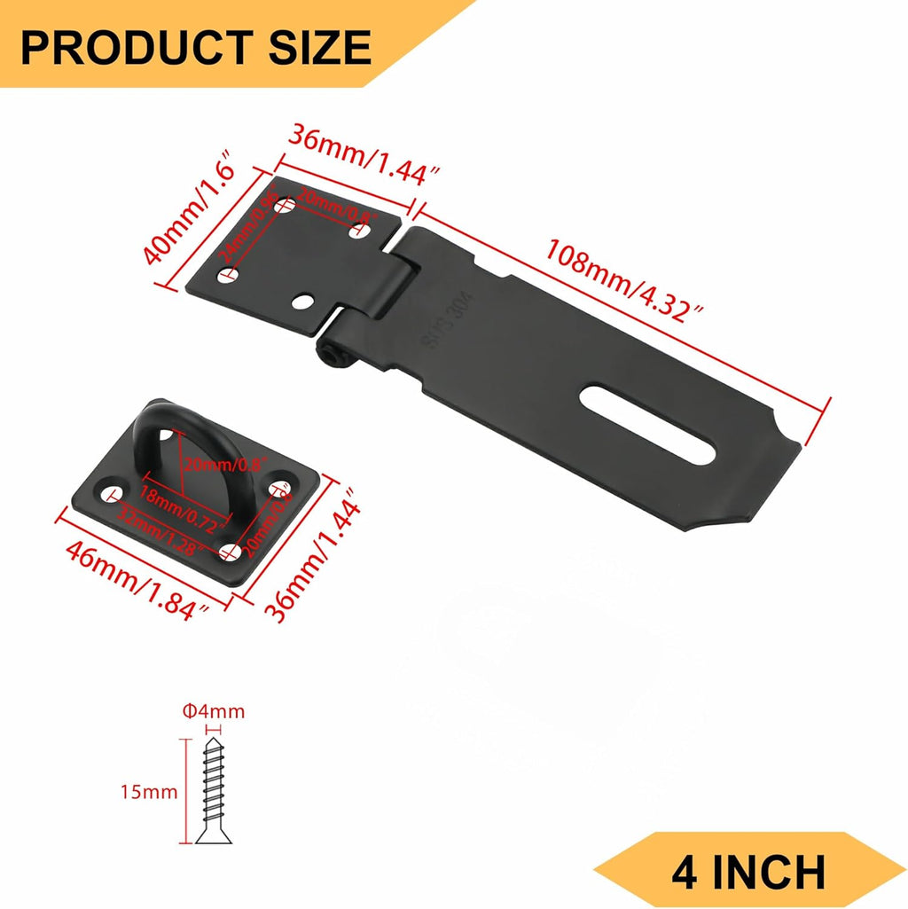 Alise Door Lock Hasp Latch,4 Inch SUS 304 Stainless Steel Safety Packlock Clasp Hasp Lock Latch with Fixing Screw for External Doors Window Cabinet Pet Cage, Black,MS99-B