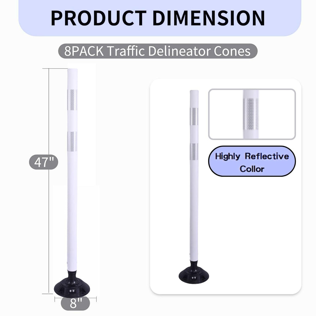 BESEA 8PCS 48" Traffic Delineator Posts with Detachable Base & High-Visibility Reflective Collars,White Durable Flexible Safety Cones for Work Zones, Parking Lots, and Roadways