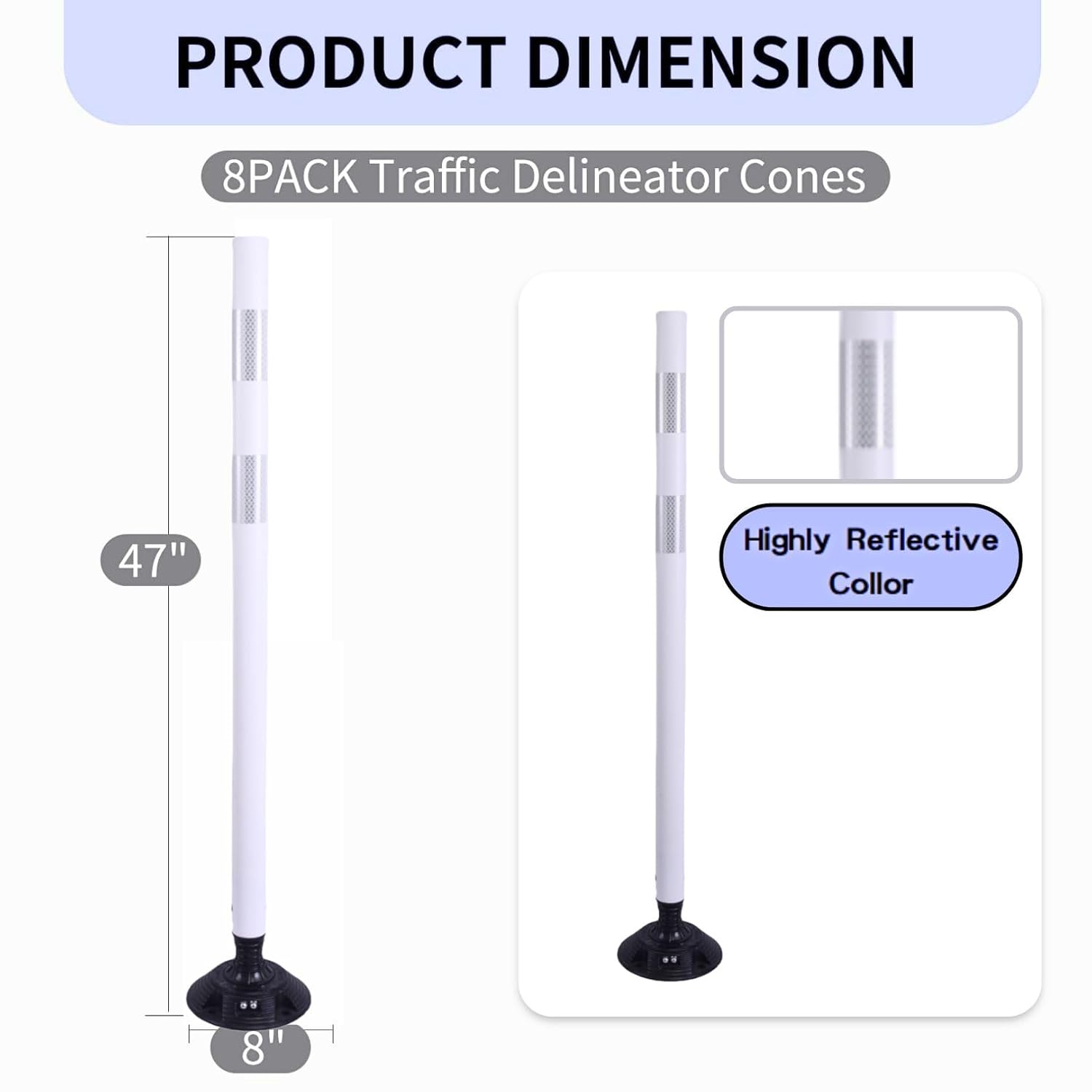 BESEA 8PCS 48" Traffic Delineator Posts with Detachable Base & High-Visibility Reflective Collars,White Durable Flexible Safety Cones for Work Zones, Parking Lots, and Roadways