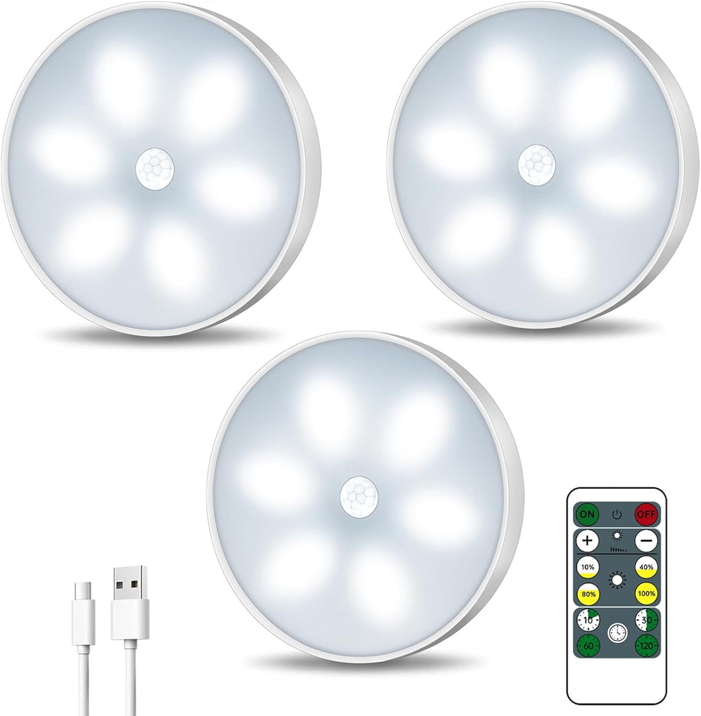 LED Closet Motion Sensor Step Lights, USB Rechargeable Battery Operated Puck Lights, Dimmable Under Cabinet Lighting for Counter,Kitchen,Stairs(3 Pack)