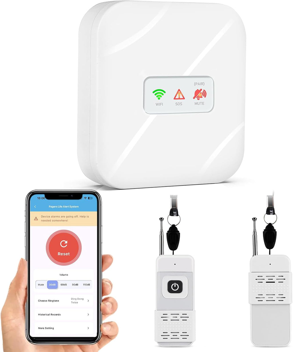 WiFi Smart Wireless Caregiver Pager Call Button System for Elderly Fall Monitoring with App Alerts & 110dB Loud Receiver, Anti-Mistouch Design (2 Panic Buttons + 1 Receiver)