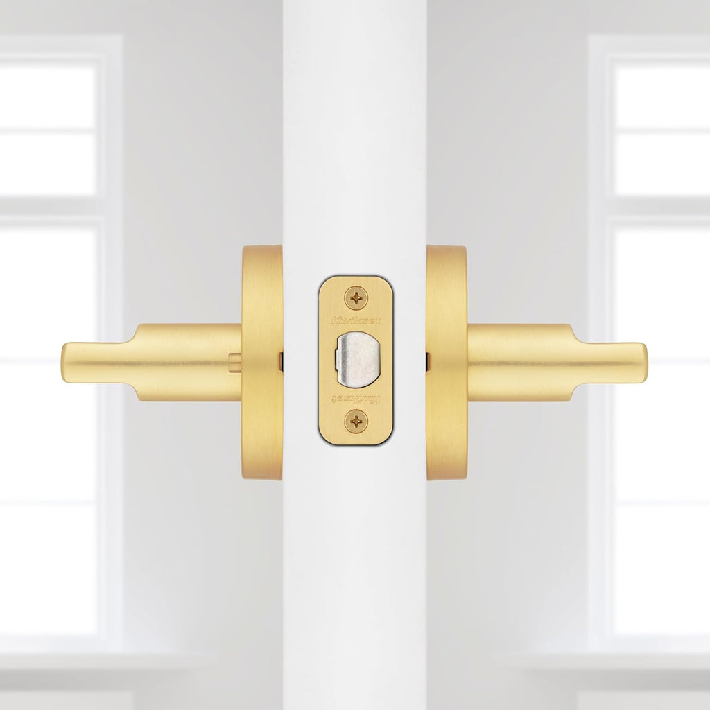 Kwikset Halifax Interior Privacy Door Handle with Lock, Door Lever for Bathroom and Bedroom, Satin Brass Reversible Keyless Push Button Lock Door Lever, with Microban Protection