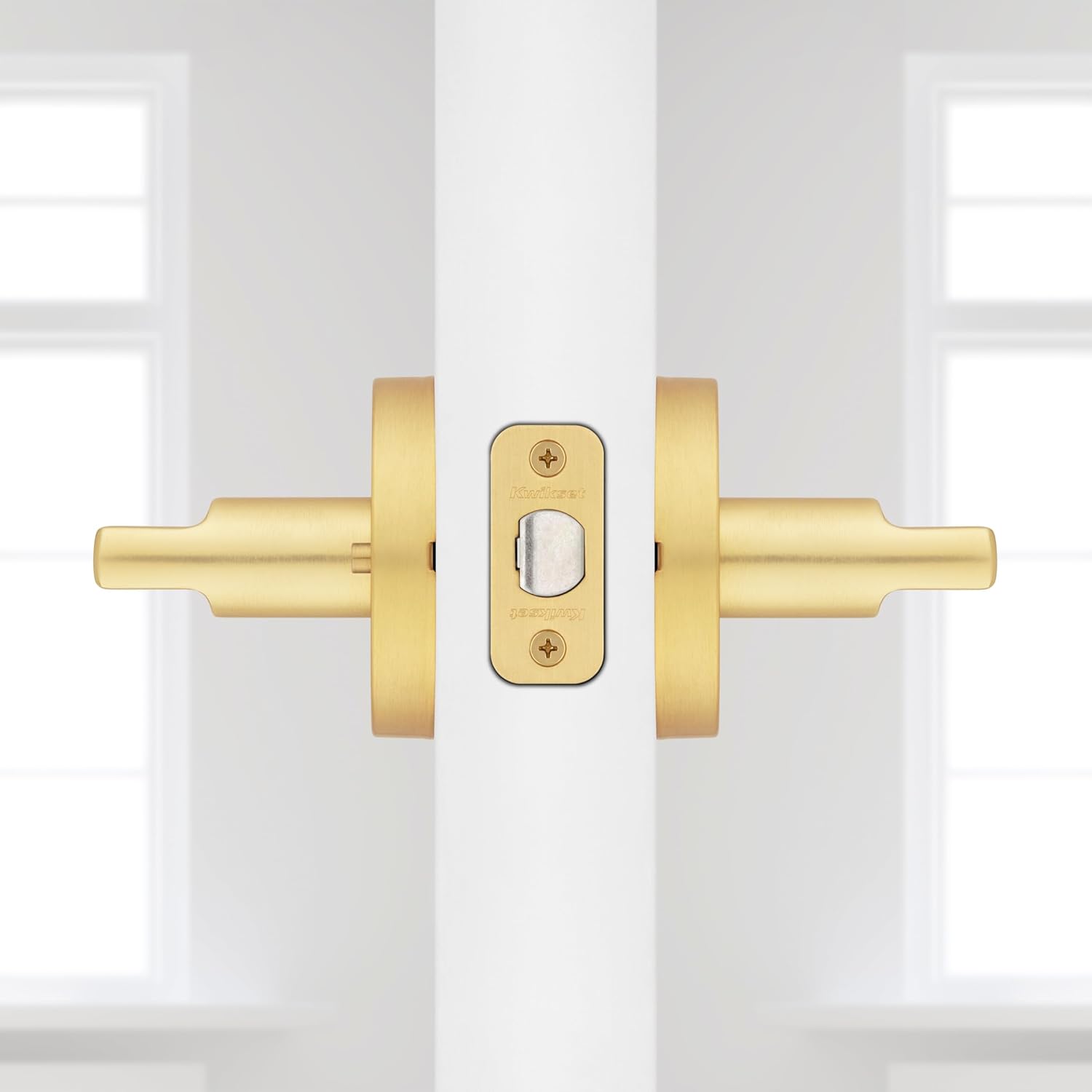 Kwikset Halifax Interior Privacy Door Handle with Lock, Door Lever for Bathroom and Bedroom, Satin Brass Reversible Keyless Push Button Lock Door Lever, with Microban Protection