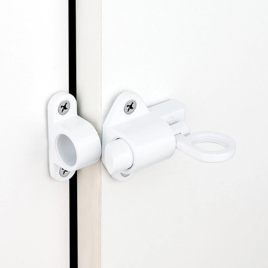 2 Packs Self-Closing Latches，White Spring Door Lock，Resilient Bolt Latch Aluminum Alloy Safety Automatic Spring Barrel Slide Door Lock with Screws,Used for Gate,Window and Cabinet etc