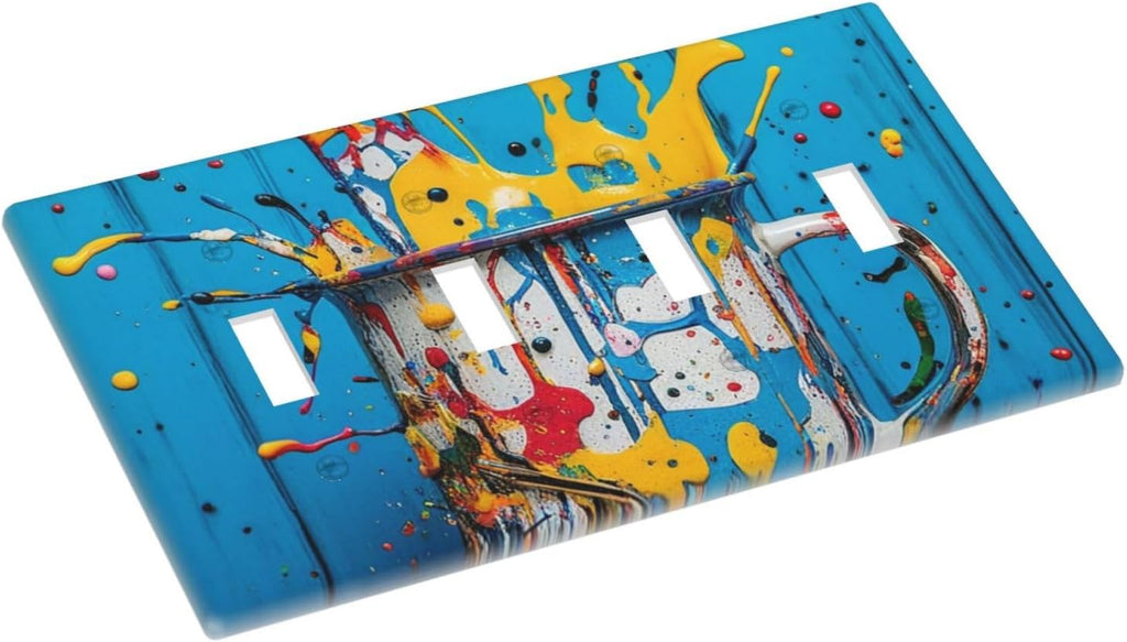 Decorative Light Switch Cover Plate Colorful Paint Splatters Blue Wood Plank 4 Gang Wall Plate Oversized Quad Toggle Switch Cover Plate Jumbo Faceplate for Home Decor