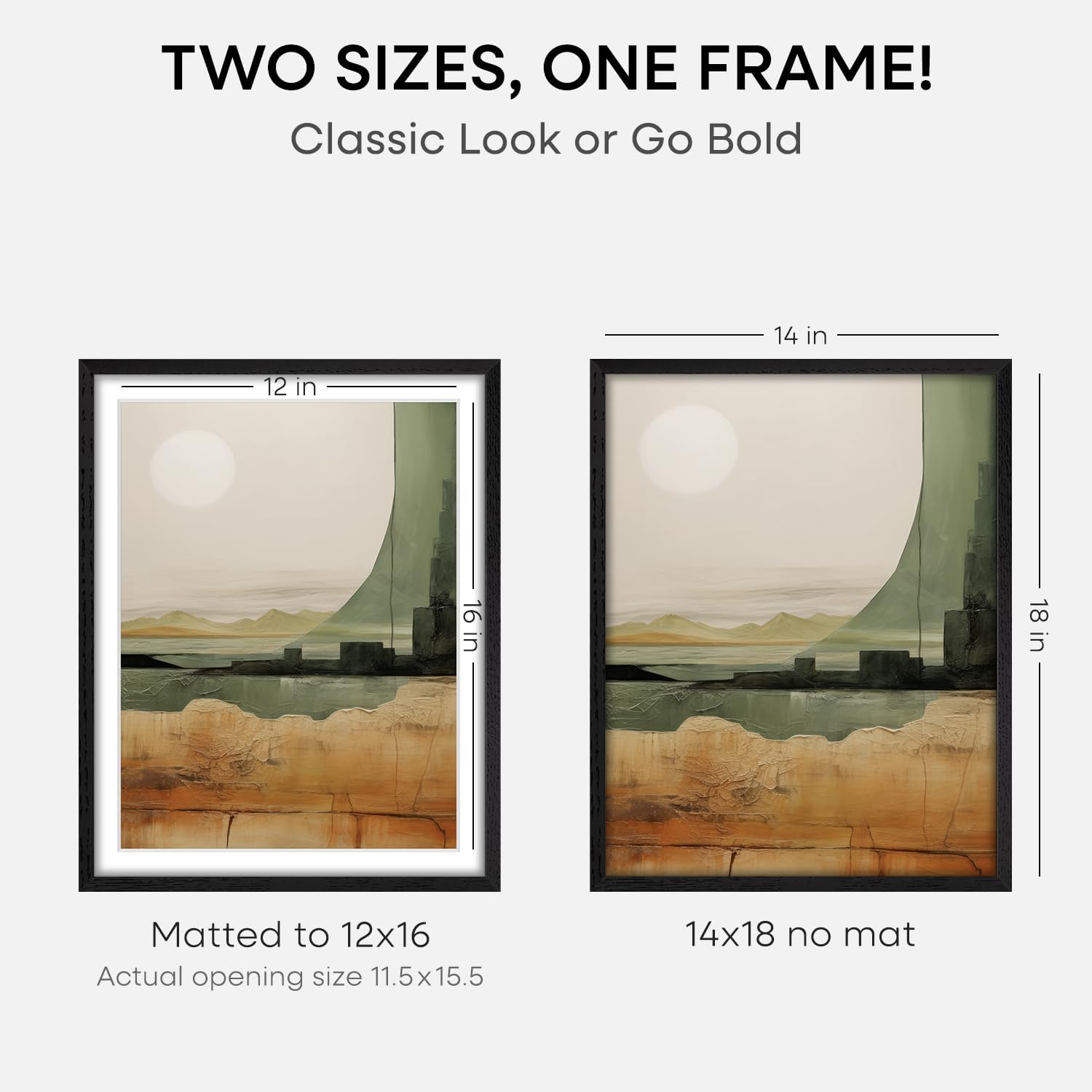 Homeforia 14x18 Picture Frame Black Wood, High End Oak 14x18 Poster Frames with Mat 12x16 Photo, 14 x 18 Wooden Frame Matted to 12 by 16 Print, 18x14 Hanging Frames, Tempered Glass, Wall Kit, Set of 1