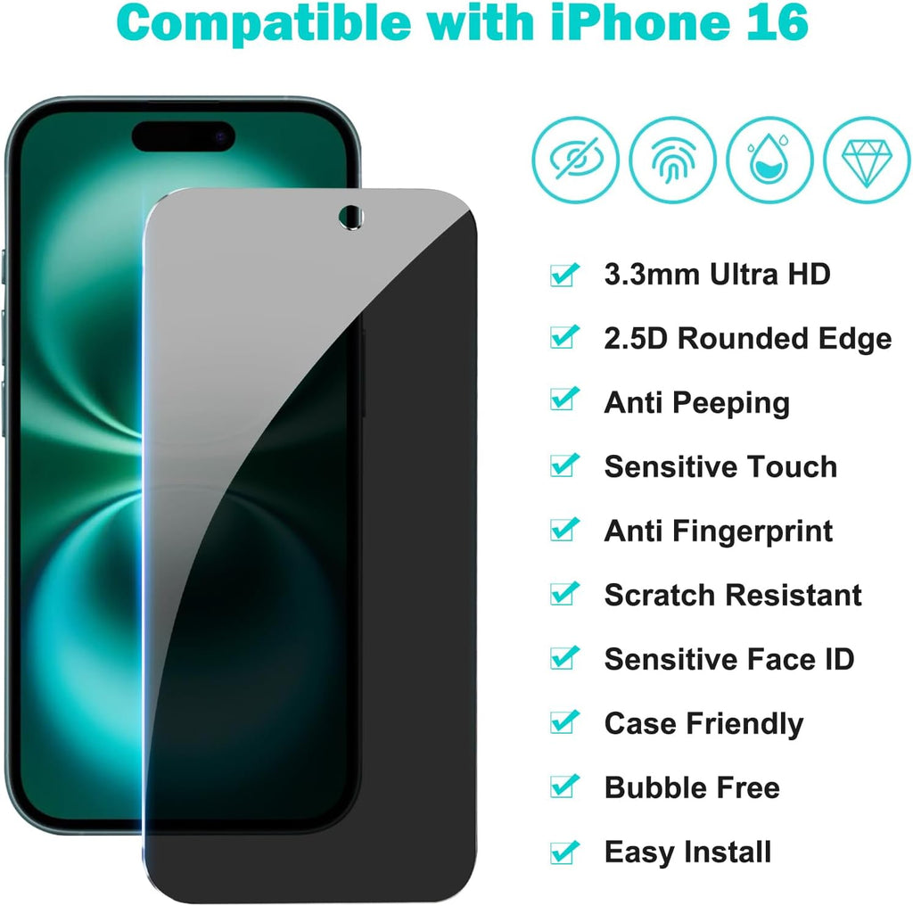 PEHAEL 3+3Pack for iPhone 16 Privacy Screen Protector with Camera Lens Protector Full Coverage Anti-Spy Tempered Glass Film 9H Hardness Easy Installation Bubble Free [6.1 inch]