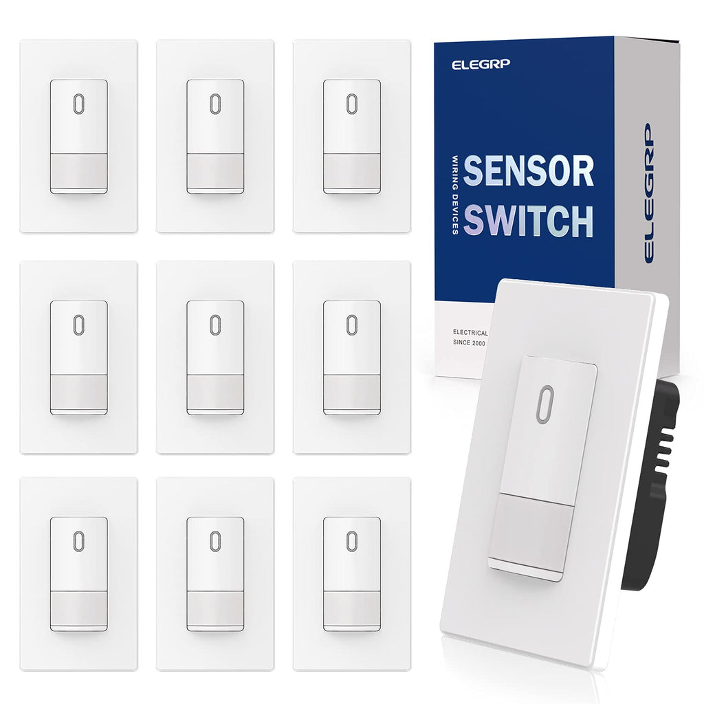 ELEGRP Occupancy Motion Sensor Light Switch, PIR Infrared Motion Activated Wall Switch, No Neutral Wire, Single Pole for CFL/LED/Incandescent Bulb, with Wall Plate, UL Listed (10 Pack, Matte White)