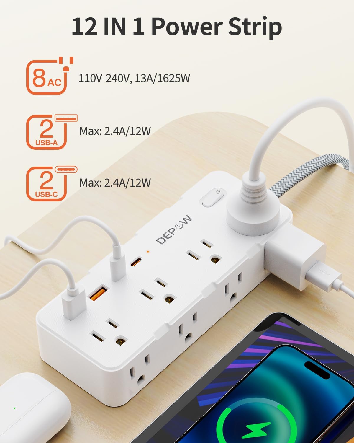 Power Strips with Surge Protection, 10 FT Braided Extension Cord with Multiple Outlets-8 AC Outlets 4 USB Ports (2 USB C), 1700 Joule Surge Protector with Flag Plug for Home Office, White