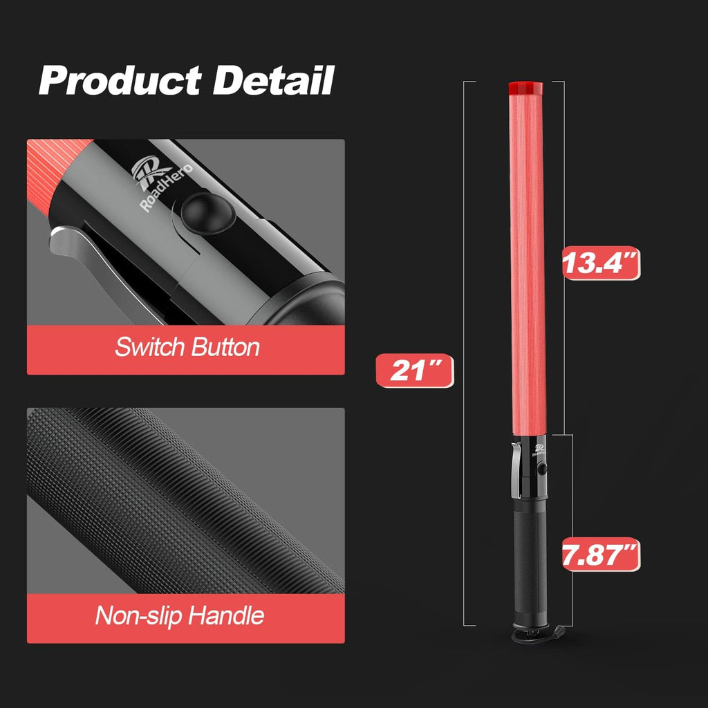 RoadHero 4 Pack Traffic Wand, 21 Inch Led Traffic Control Wands with 2 Flashing Modes, Safety Light Baton with Side Clip for Airport, Parking, Car Directing