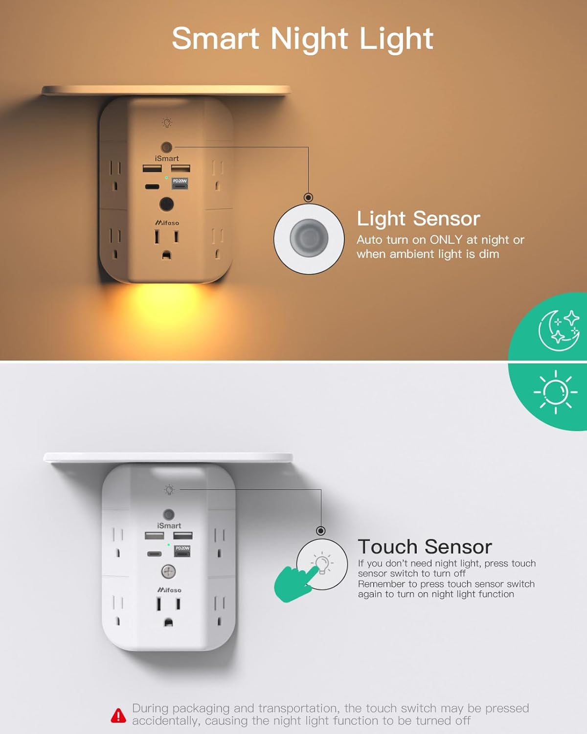 PD20W Wall Outlet Extender, Outlet Splitter with Shelf and Night Light, USB Wall Charger with 5 AC Outlets and 2 USB A Ports 2 USB C Ports Wide Space 3-Sided Power Strip Multi Plug Outlets