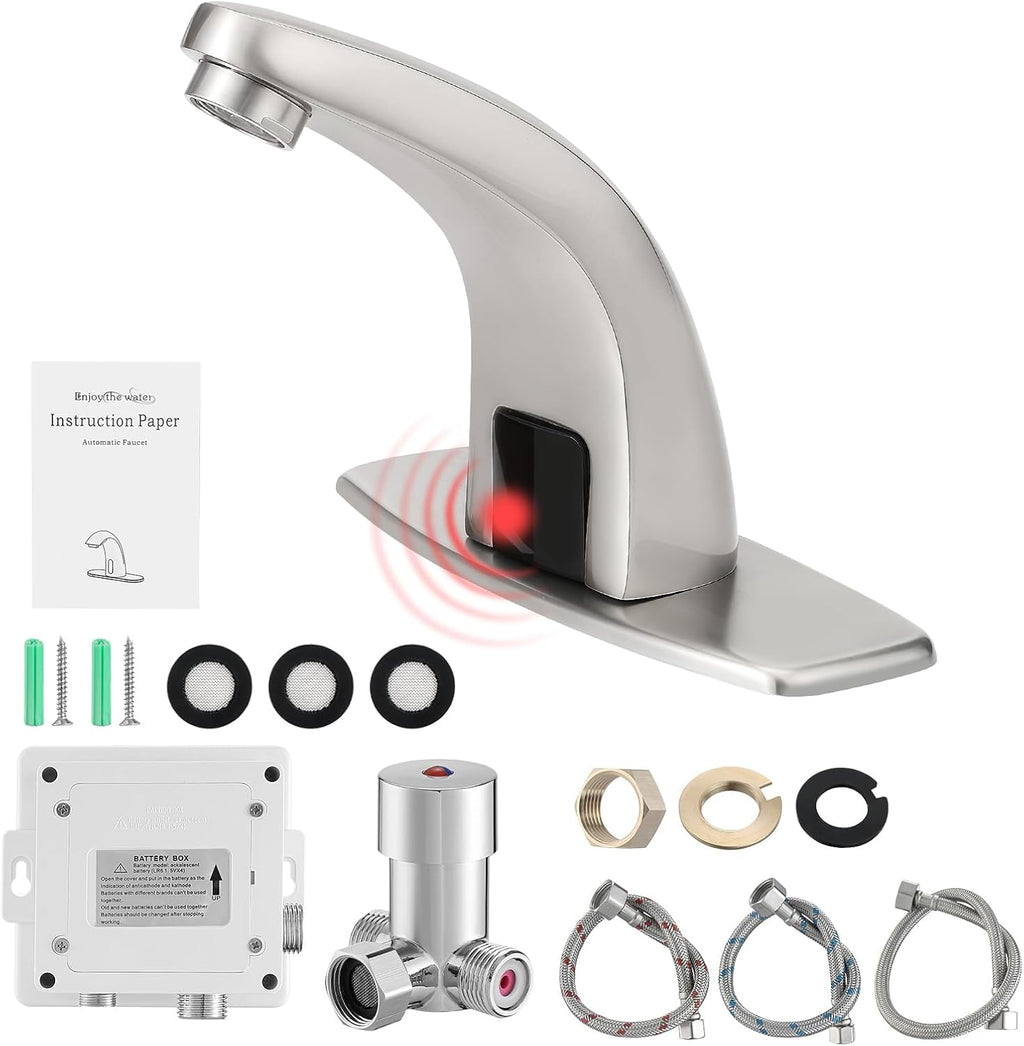 Touchless Bathroom Sink Faucet，Automatic Motion Sensor Faucets with 1 Hole Plate for Water Bath Commercial Lavatory Farmhouse, Brushed