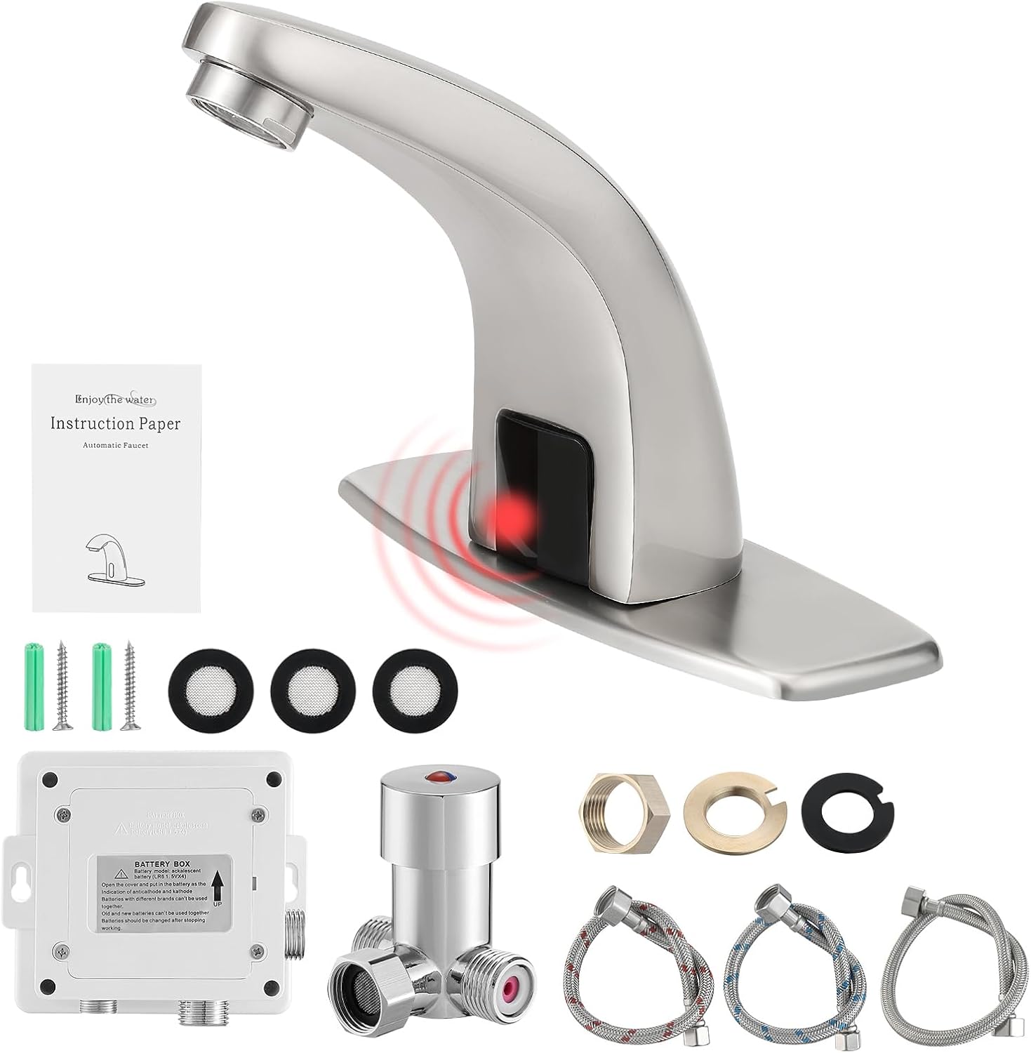 Touchless Bathroom Sink Faucet，Automatic Motion Sensor Faucets with 1 Hole Plate for Water Bath Commercial Lavatory Farmhouse, Brushed
