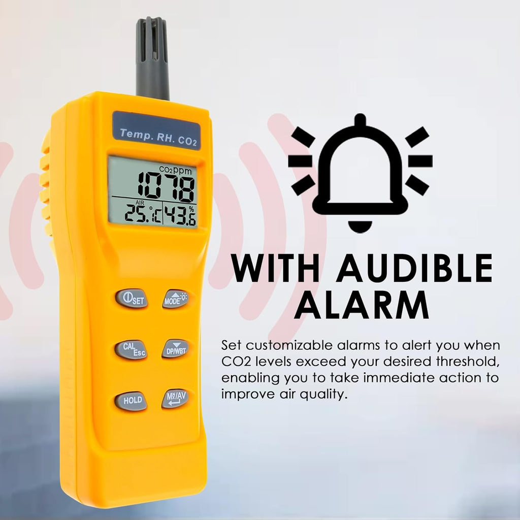 CO2 Meter Portable CO2 Detector Digital CO2 Monitor with Alarm Function Carbon Dioxide Temperature and Humidity Meter, NDIR CO2 Sensor Indoor Air Quality Monitor for Home Office Grow Room