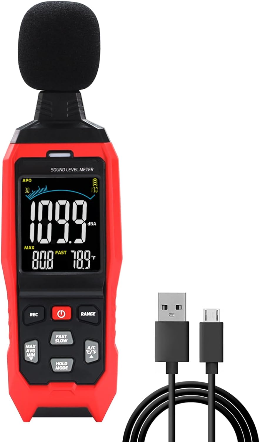 Decibel Meter with Data Logging Sound Decibel Meter Data Logger, 30~130dB Sound Level Meter with Audible Visual Alarm, Sound Meter with Export Data, PC Connection, Temperature, Analog Bar Indicator