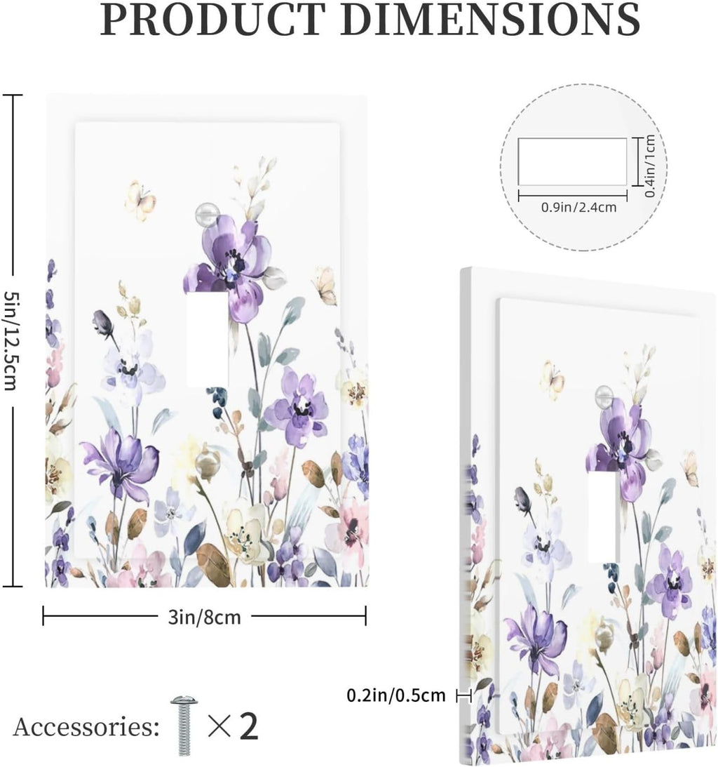 Decorative Light Switch Cover Purple Floral Lilac Watercolor Flower Leaves Butterfly Wildflower 1 Gang Single Toggle Decorator Outlet Wall Plate Device Electrical Faceplate Switchplates for Bedroom