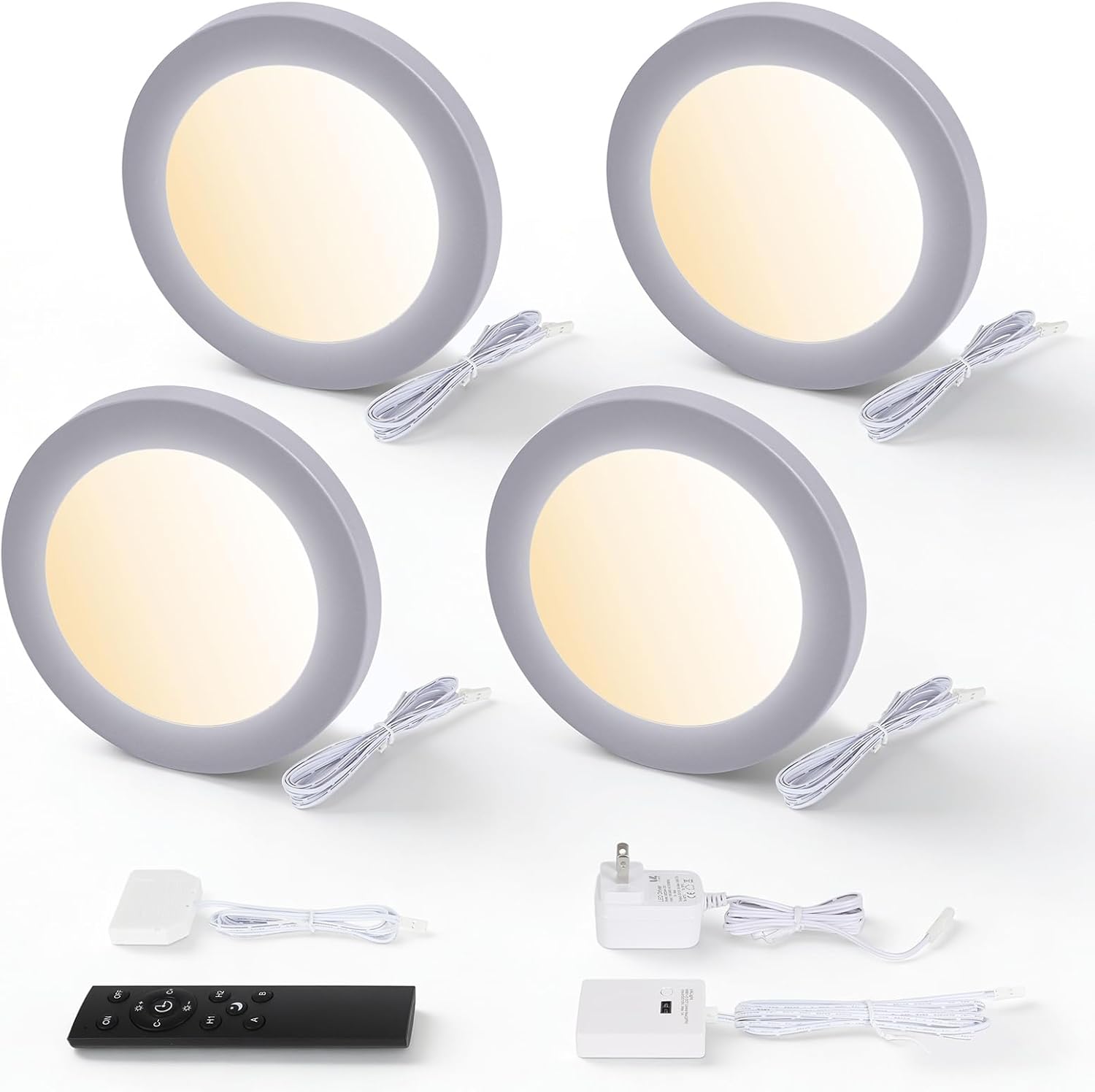 V4light Smart Puck Lights 4 Pack, Plug-in Under Cabinet Lighting for Kitchen, Closet & Shelf, App, Voice & Hand Control, Works with Alexa & Google Home, Dimmable & Adjustable Warm to Cool White Light