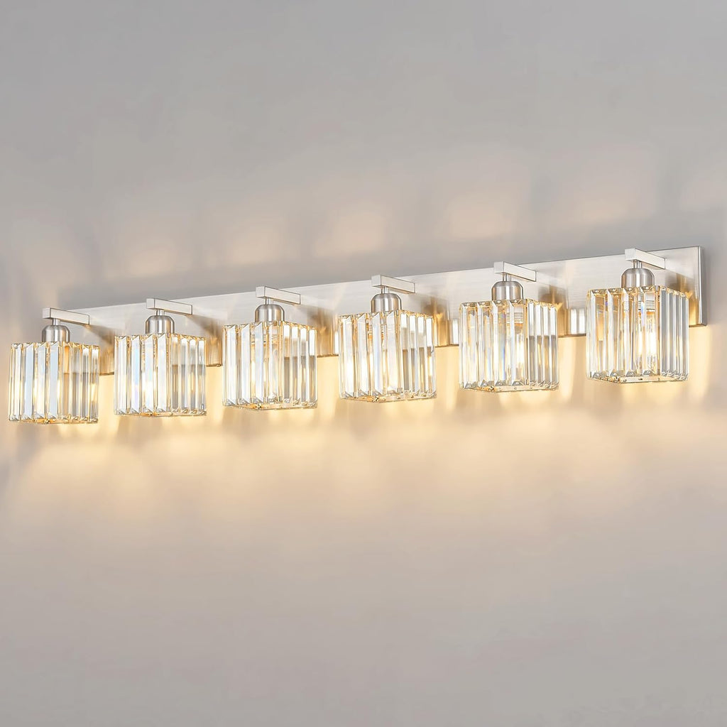 Modern Vanity Light 6-Lights Brushed Nickel Vanity Light Crystal Bathroom Wall Light Bathroom Light Fixtures