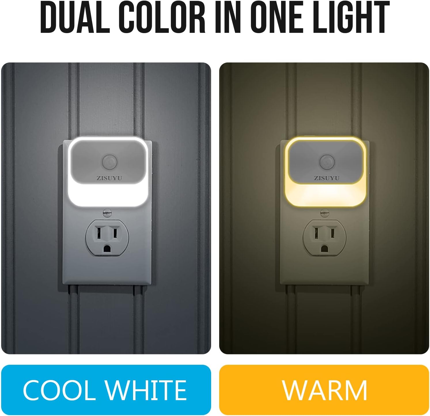 ZISUYU Motion Sensor Night Light Plug in with 3 Modes,Dual Colors,Dimmable,UL-Certified,Dusk to Dawn Sensor Nightlight Plug into Wall Ideal for Home Bathroom Kitchen Hallway Stair Toilet 2 Pack