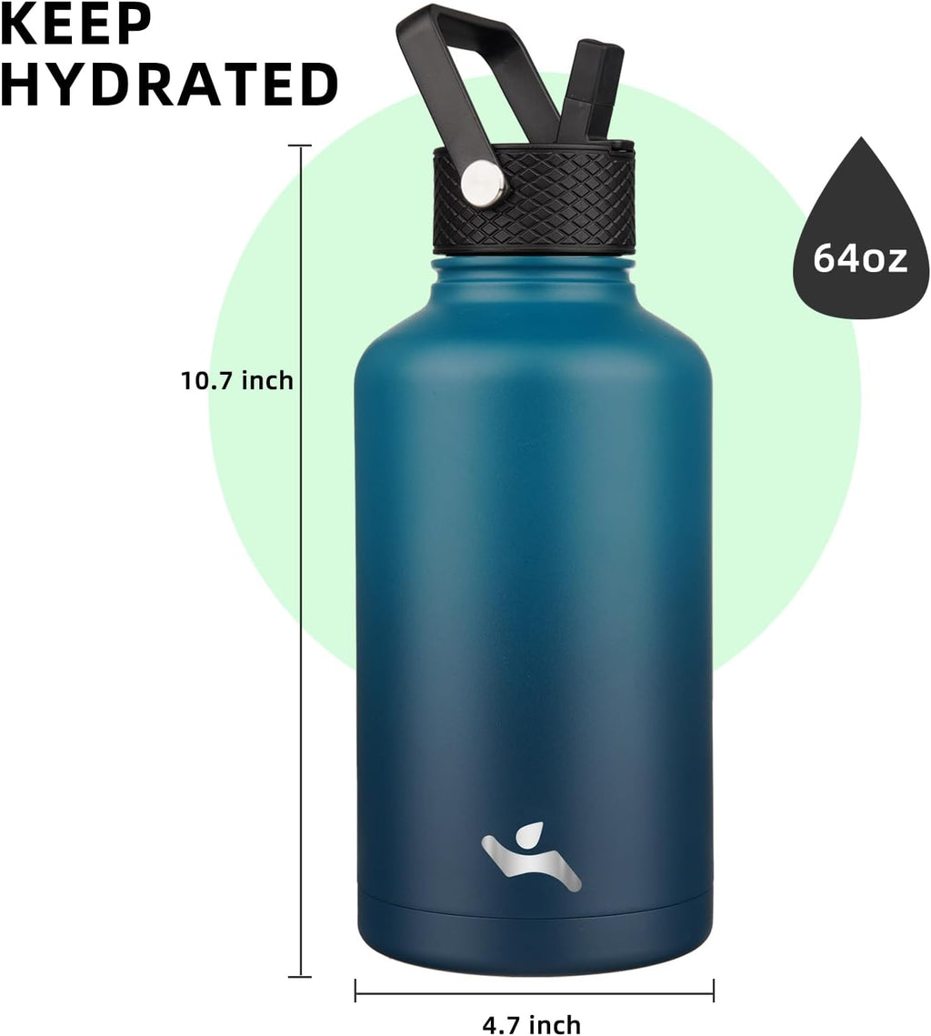 Half Gallon Insulated Water Bottle with Straw,64 oz 3 Lids Water Jug with Carrying Bag,Paracord Handle,Double Wall Vacuum Stainless Steel Metal Flask,Indigo Black