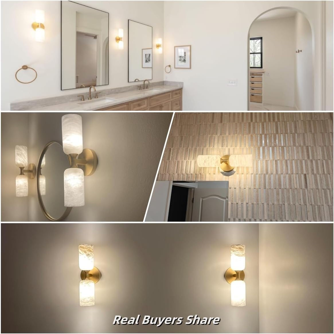 Alabaster Wall Sconces Set of 2, 14in Modern Spanish Natural Marble Vanity Light, Dimmable Hardwired Brass Gold Wall Sconce Lighting for Bathroom Mirror, Bedroom, Luxury Natural Stone Wall Fixtures