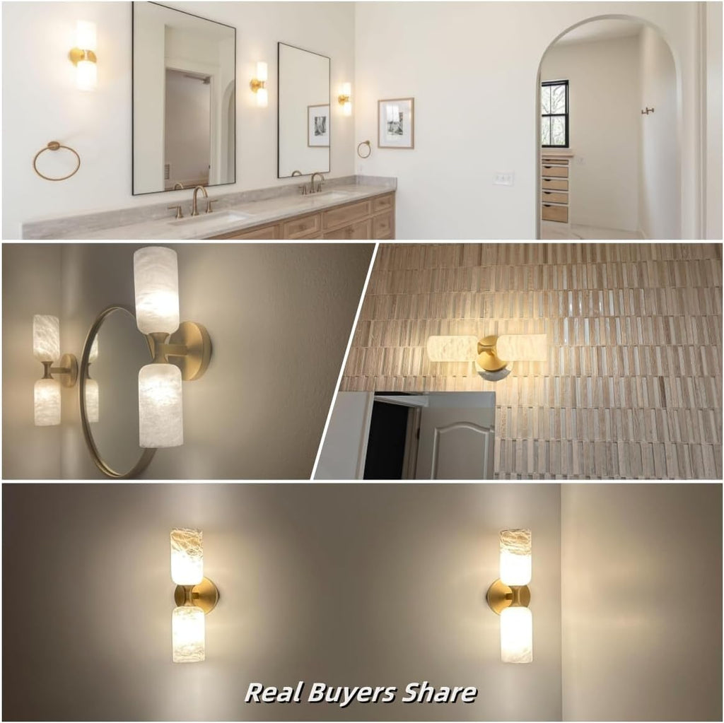 Alabaster Wall Sconces, 14" Modern Spanish Natural Marble Vanity Light, Dimmable Hardwired Brass Gold Wall Sconce Lighting for Bathroom Mirror, Bedroom, Living Room, Luxury Natural Stone Wall Fixtures
