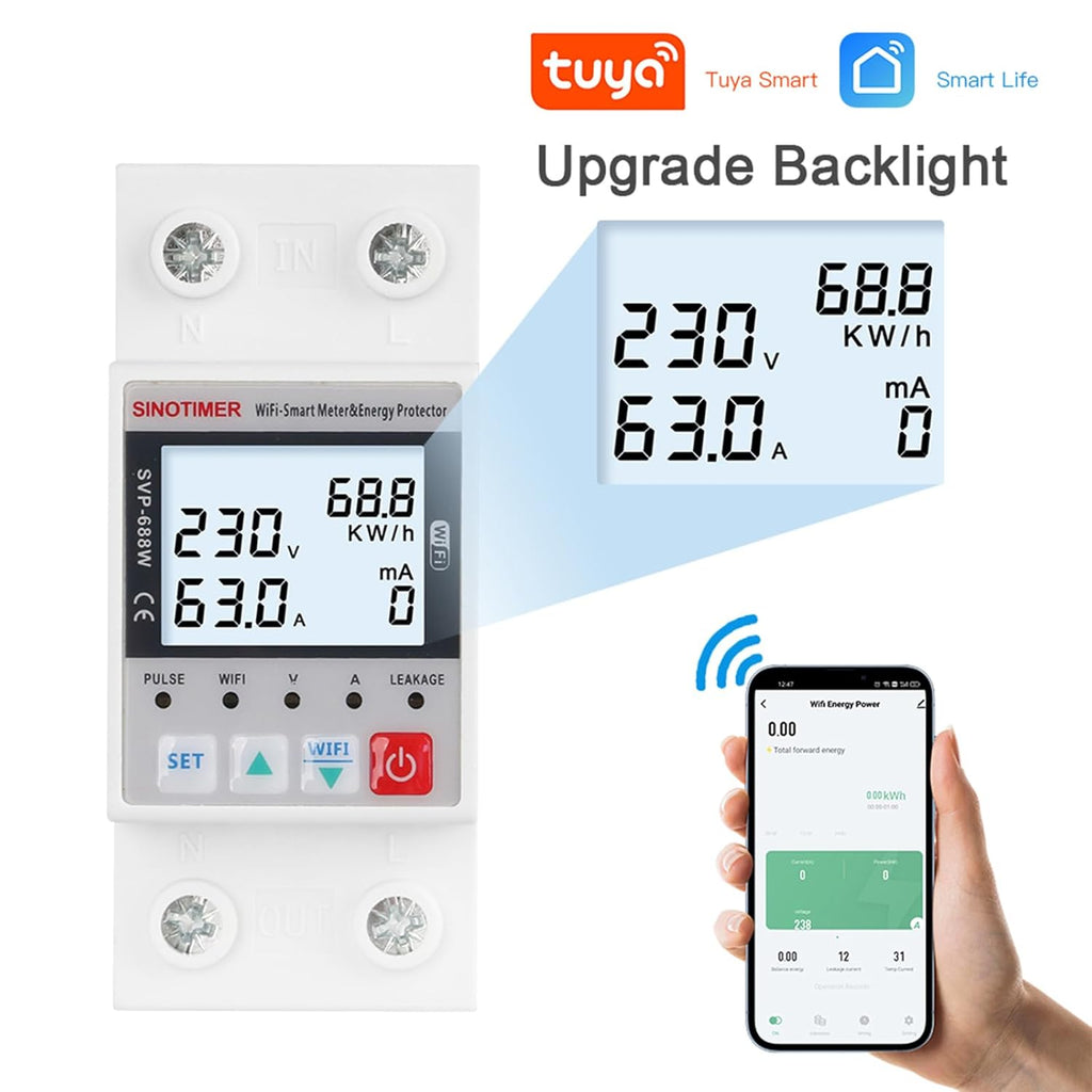 WiFi Smart Energy Meter AC 63A 80-300V WiFi Earth Leakage Over Under Voltage Protector Circuit Breaker Din Rail Electricity Energy Monitor APP Remote Control Smart Life 230V (LCD)