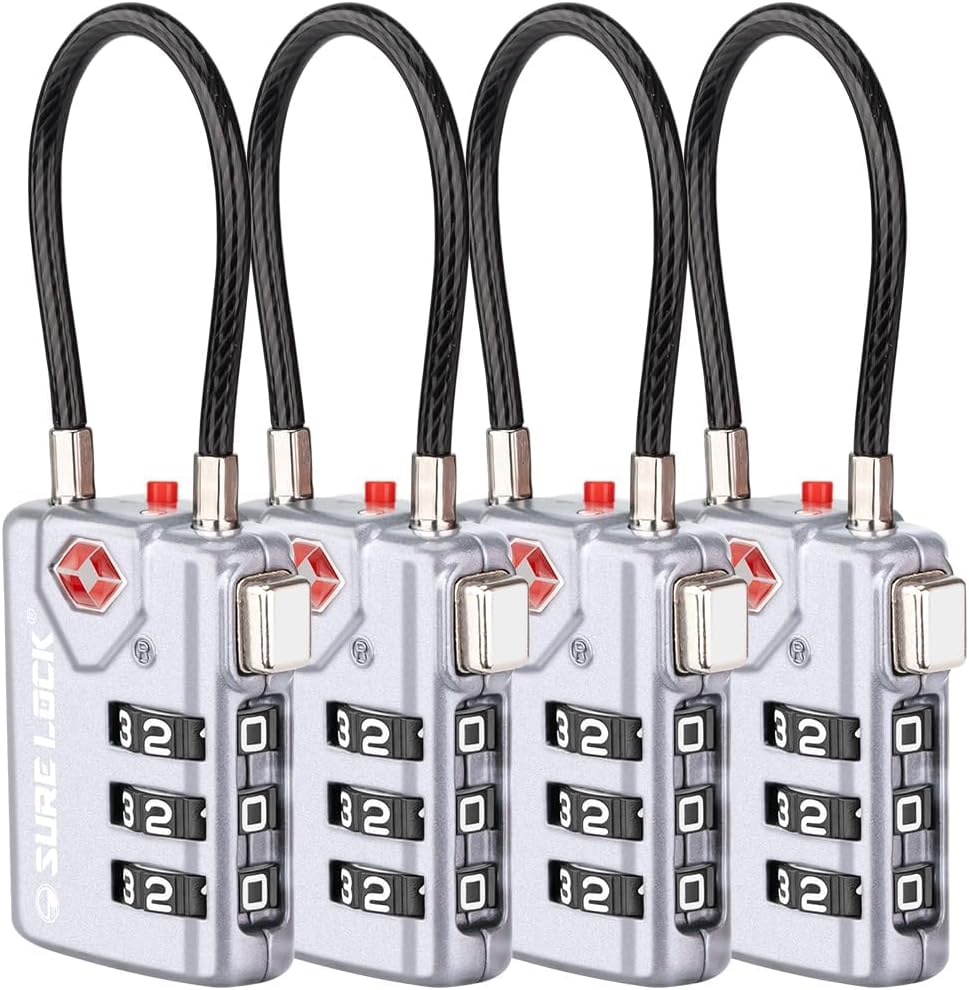 SURE LOCK TSA Compatible Travel Luggage Locks, Inspection Indicator, Easy Read Dials TSA Approved with Zinc Alloy Grey 4 Pack