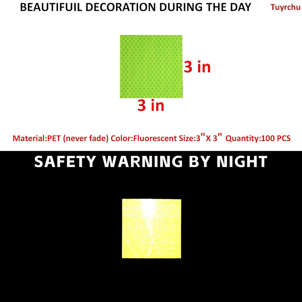 Non Fading Fluorescent Yellow Reflective Stickers 3 inch X 3 inch, Outdoor Waterproof High Visibility Safety Adhesive Reflector (100 Pcs)