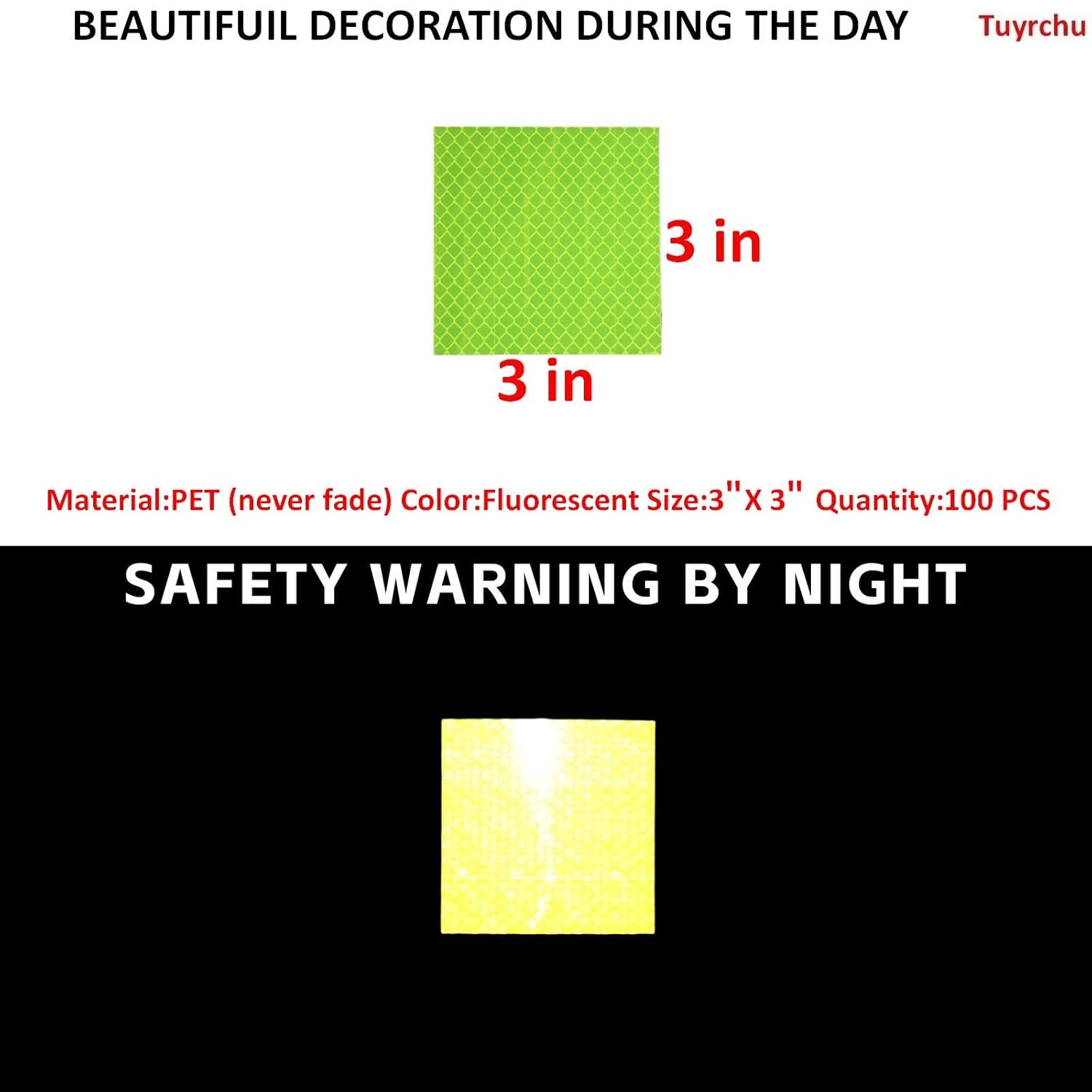 Non Fading Fluorescent Yellow Reflective Stickers 3 inch X 3 inch, Outdoor Waterproof High Visibility Safety Adhesive Reflector (100 Pcs)