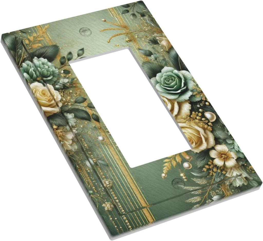 Decorative Outlet Covers Rustic Green Floral Leaves Teal Flowers Gold Stripe 1 Gang Single Decora GFCI Device Light Switch Covers Plate 1 Rocker Wall Plate Jumbo Faceplate