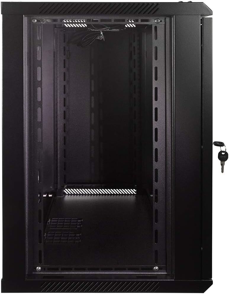 NavePoint 12U Server Rack Enclosure with Glass Door, Cooling Fan, Locks, & Removable Side Panels - 12U Wall Mount Network Cabinet 19 Inch Rack 17.7" Deep (450mm)