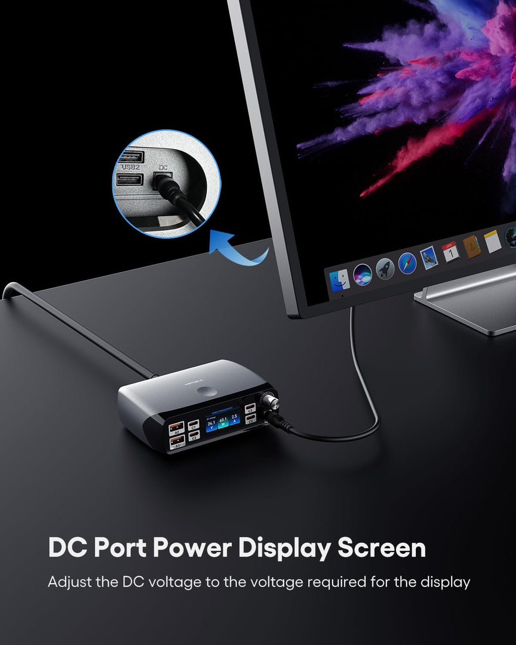 WOTOBEUS Charging Station (252W), 7-Ports (4 USB-C, 2 USB-A, 1 DC), Power Adapter with DC Power Supply Adjustable 3.3V~24.5V (0~60W) Converter and LED Display, for iPhone Laptops Monitor Electronics