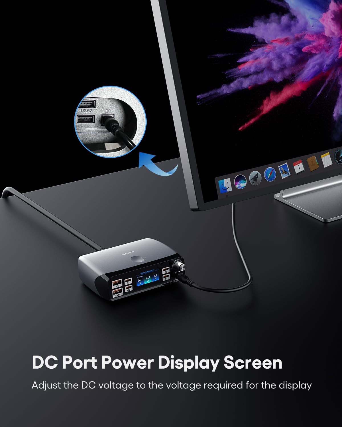 WOTOBEUS Charging Station (252W), 7-Ports (4 USB-C, 2 USB-A, 1 DC), Power Adapter with DC Power Supply Adjustable 3.3V~24.5V (0~60W) Converter and LED Display, for iPhone Laptops Monitor Electronics