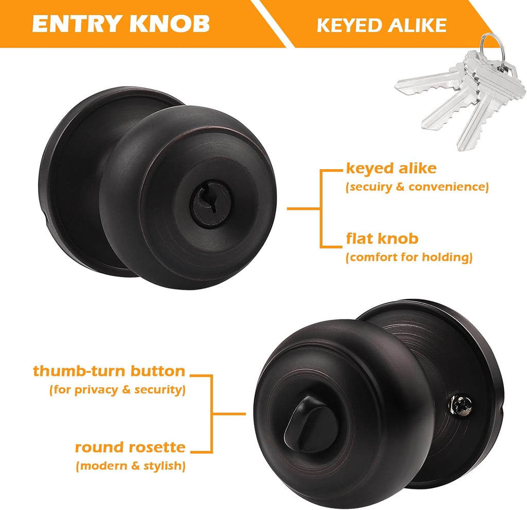Gobrico Flat Ball Round Keyed-Alike Entry Knob for Exterior Door Oil Rubbed Bronze Finished 3Pack