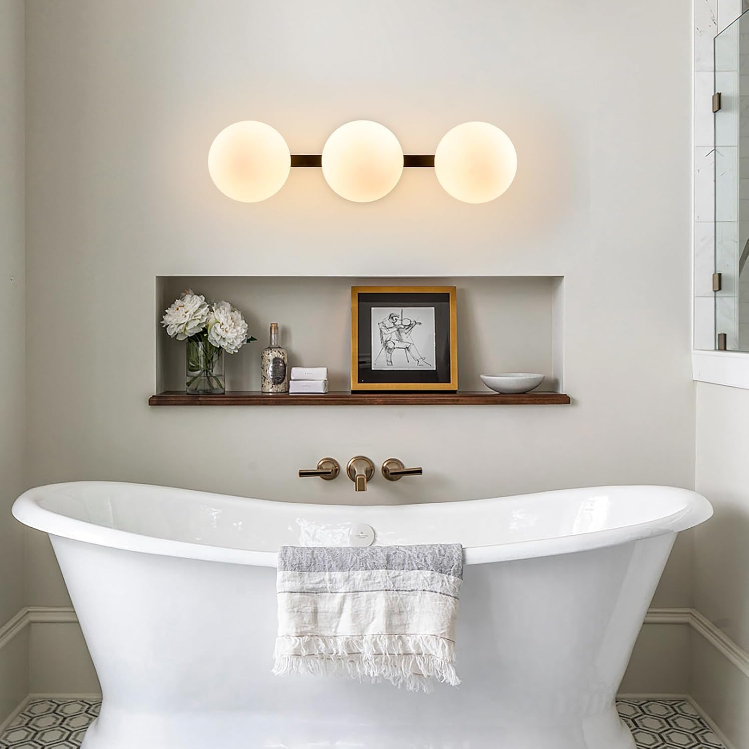 Bathroom Vanity Mirror Light Fixtures: 3 Lights Bath Wall Sconce Lighting - Black Vanity Lights with Milk Glass Shade - Modern Minimalist Makeup Light Fixture above Mirror for Hallway Bedroom E26 Base
