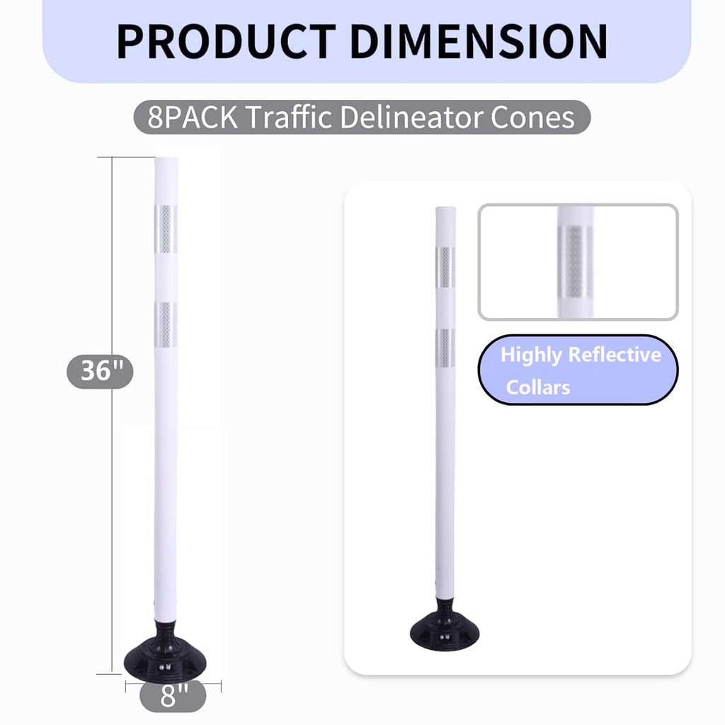 BESEA 8 Pack 36 Inch Traffic Delineator Posts with Reflective Collars White Road Cones,White Durable Flexible Safety Cones for Construction, Parking Lot, and Roadway Use