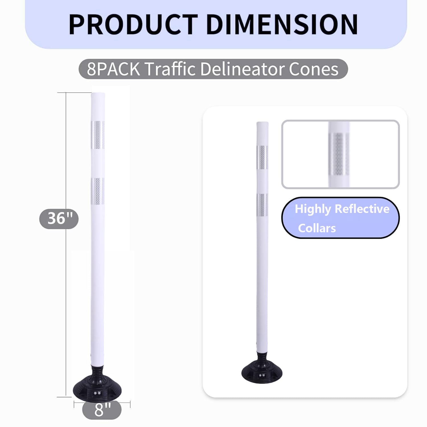 BESEA 8 Pack 36 Inch Traffic Delineator Posts with Reflective Collars White Road Cones,White Durable Flexible Safety Cones for Construction, Parking Lot, and Roadway Use