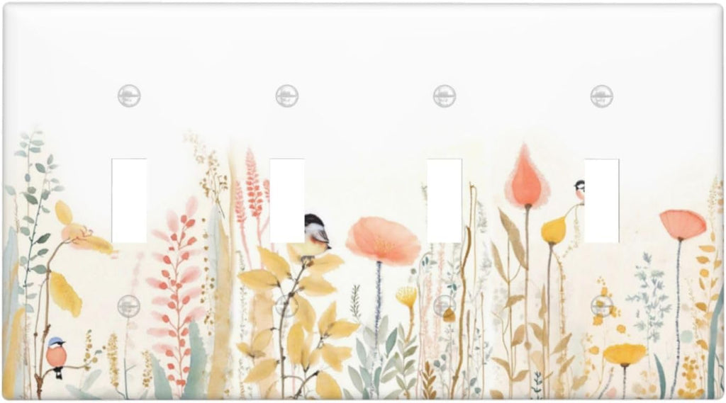 Light Switch Covers Colorful Floral Watercolour Cuddly Bird Quad Toggle Electrical Faceplate 4 Gang Wall Plate Decorative Switch Plates For Bed Room Living Room Decor