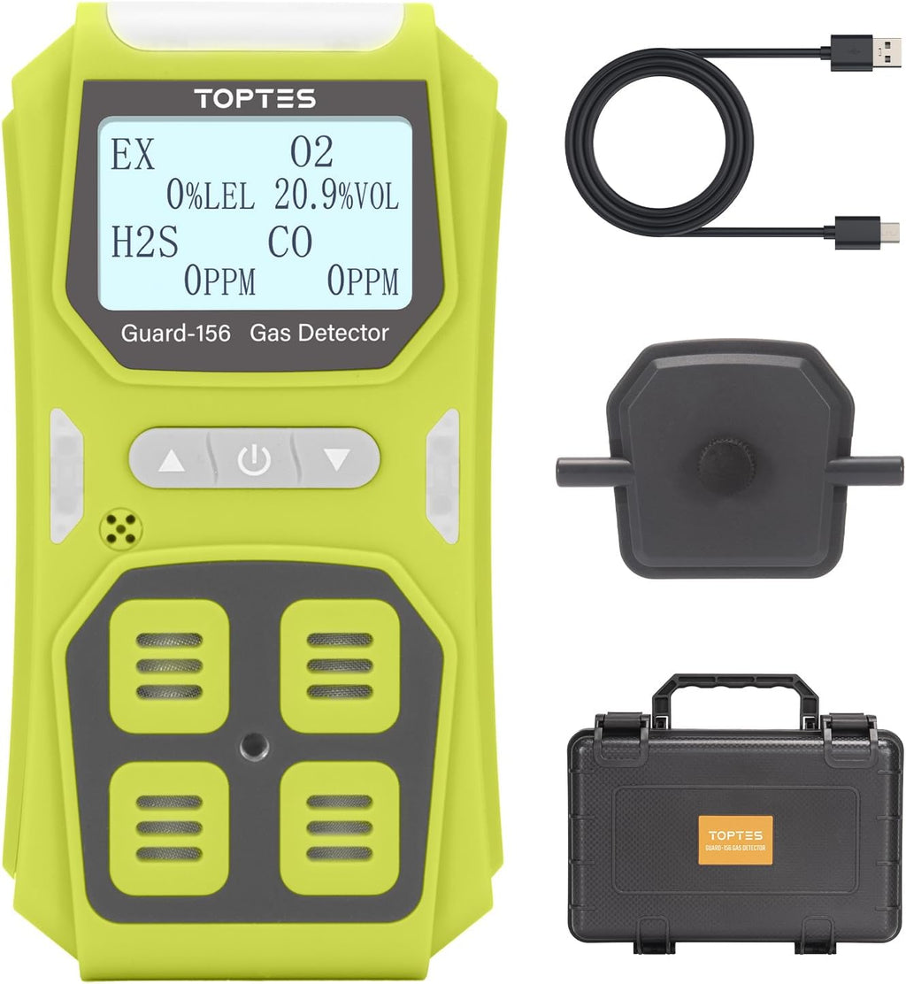 Guard-156 4 Gas Monitor Multi Gas Detector for H2S, CO, LEL, and O2, Triple Alarm Modes (Visual, Vibration, Sound), 0.5s Fast Response, Dust and Explosion Proof Design for Work and Home Safety - Green