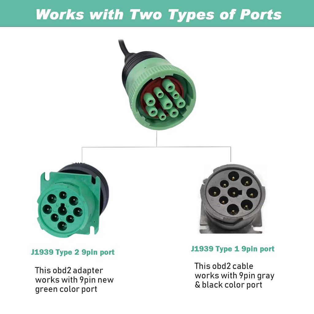 9 Pin to 16 Pin OBD2 Adapter Cable for Heavy Duty Trucks and Commercial Vehicles,Type 2 Green J1939 Diagnostic Connector Plug Work with Truck OBD Diagnostic Scanner Tool